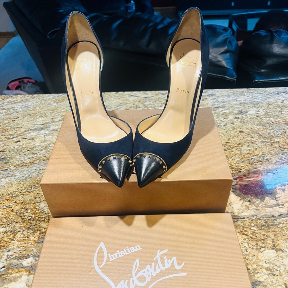 Christian Louboutin Navy Blue Heels with Gold Studs